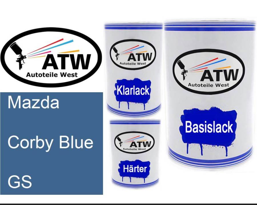 Mazda, Corby Blue, GS: 500ml Lackdose + 500ml Klarlack + 250ml Härter - Set, von ATW Autoteile West.